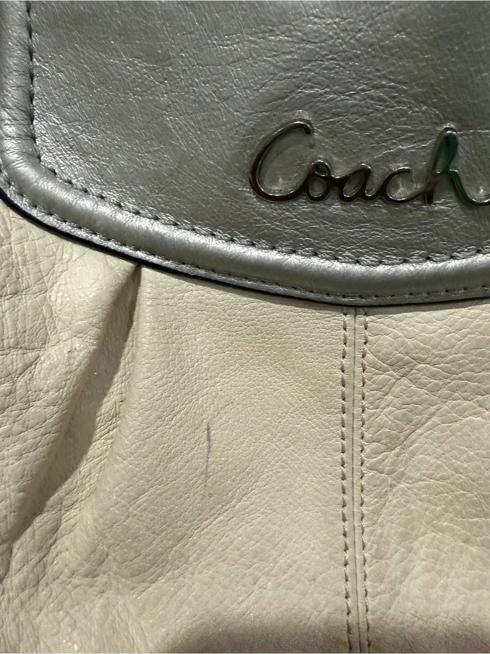 Coach Ashley Cream Leather Hobo with Metallic Trim and Dark Handles
